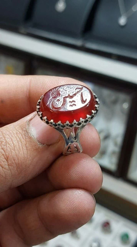 انگشتر آلیاژی باسنگ عقیق قرمز حکاکی یاحسین کد 5159