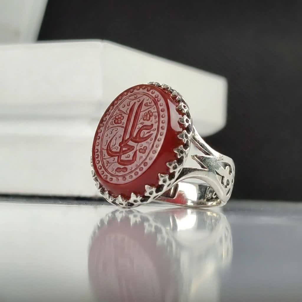 انگشتر آلیاژی عقیق قرمز مردانه؛ نماد صلابت و ذکر یا علی (ع) کد 5134