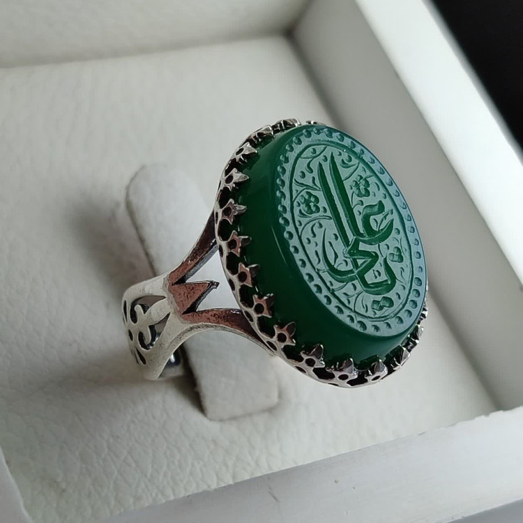 انگشتر آلیاژی باسنگ عقیق سبز حکاکی یاعلی رکاب نیزه کد 5089