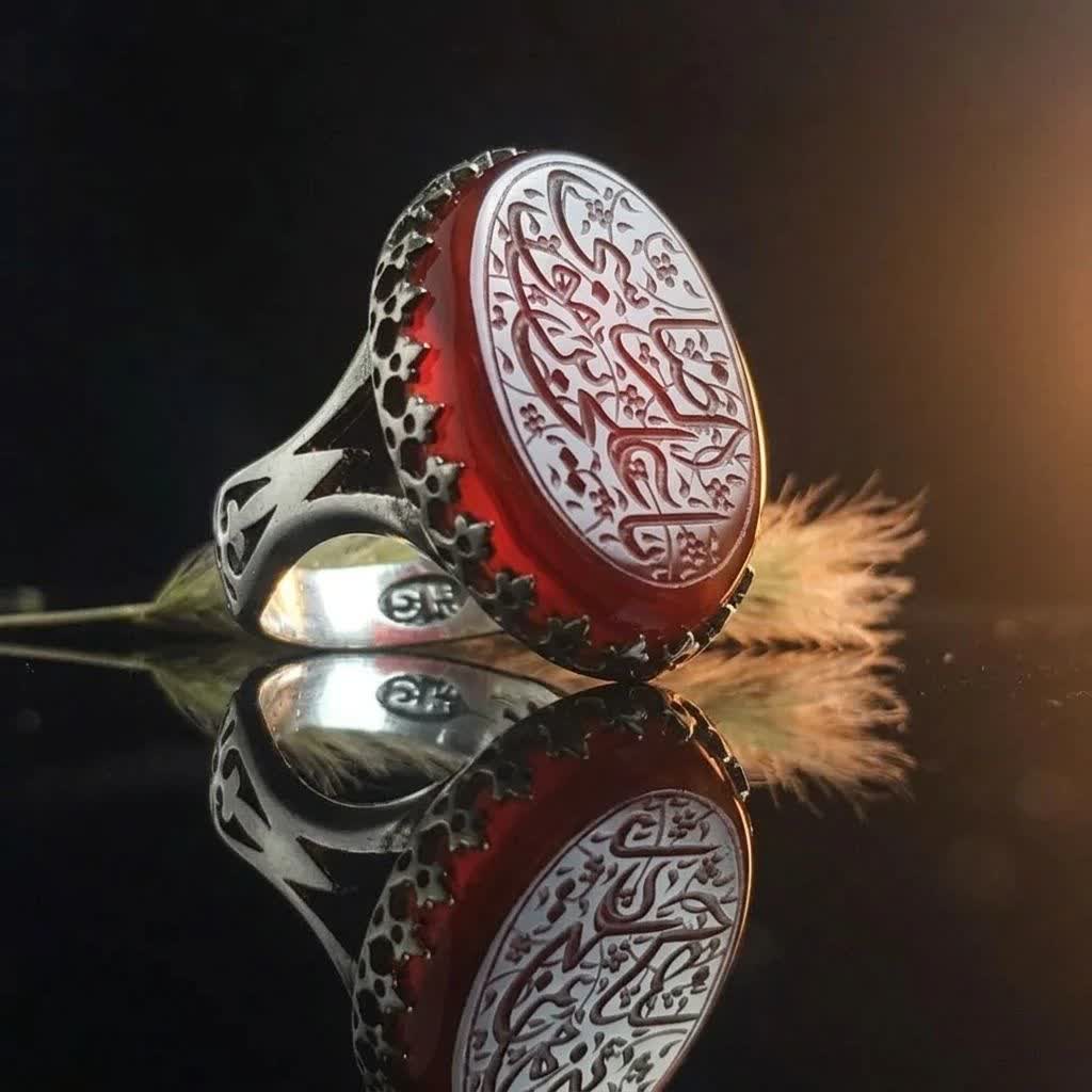 انگشتر آلیاژی عقیق قرمز مردانه یا علی بن موسی الرضا کد 5063