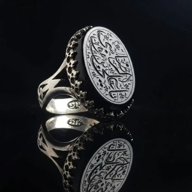 انگشتر آلیاژی عقیق مشکی مردانه یا علی بن موسی الرضا | انگشتر مذهبی خاص کد 5043