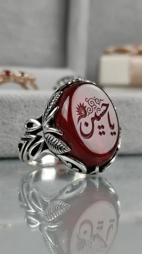 انگشتر آلیاژی عقیق قرمز مردانه یا حسین | خرید انگشتر خاص و معنوی کد 5033