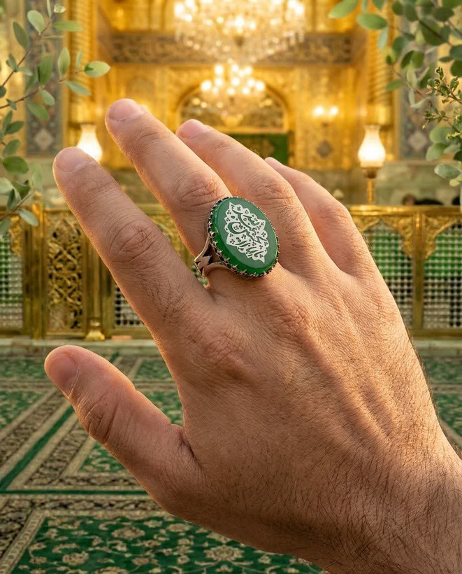 انگشتر آلیاژی عقیق سبز مردانه | حکاکی یا اباعبدلله الحسین کد 4159