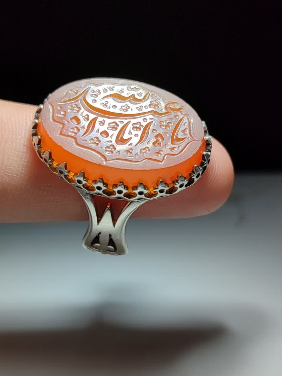 انگشتر عقیق یمن رکاب آلیاژی باکیفیت حکاکی یا اباعبدالله کد 3843