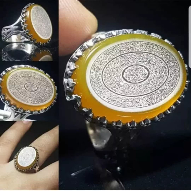 انگشتر نقره باسنگ عقیق زرد حکاکی 18 ذکر رکاب نقره طرح نیزه کد 3534