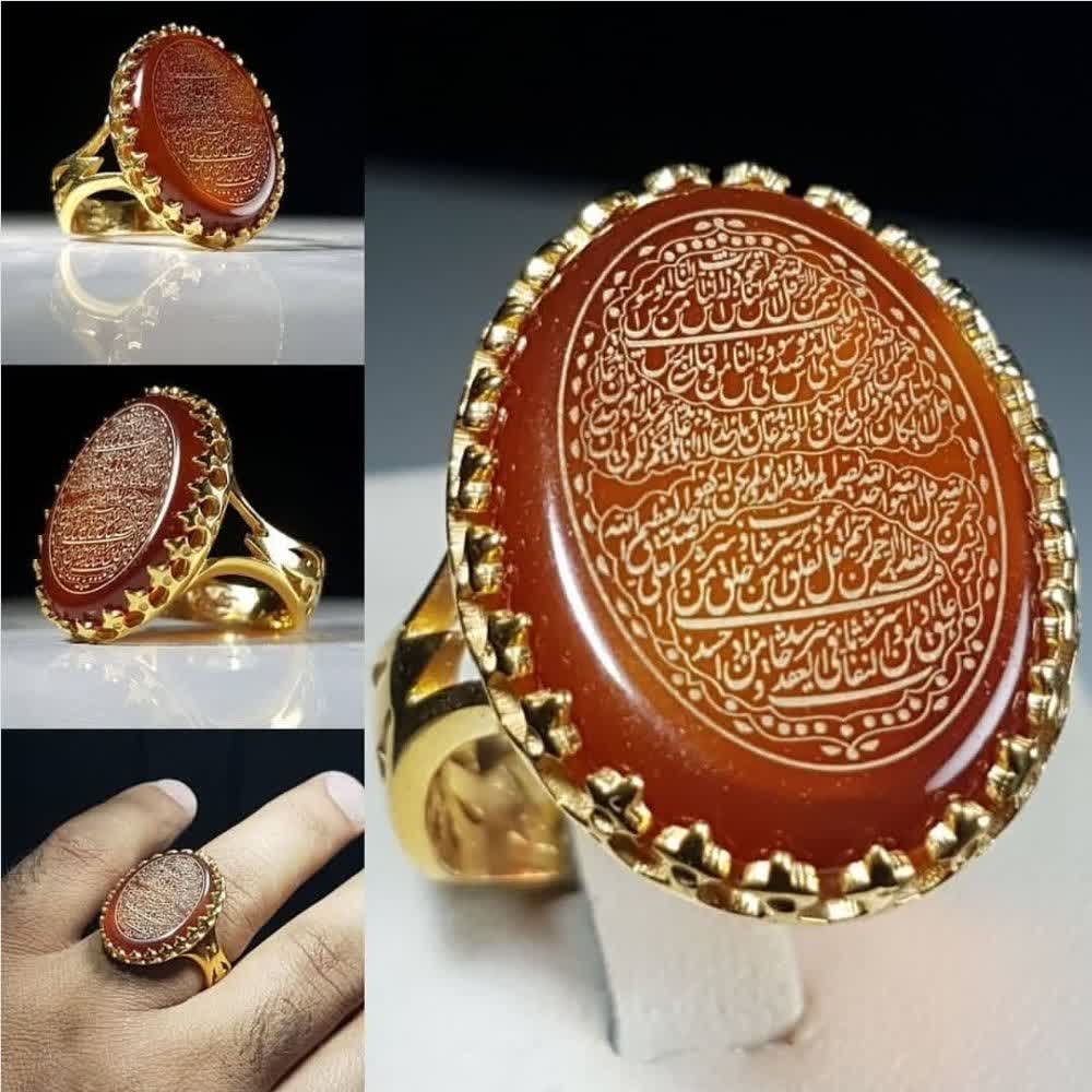 انگشتر نقره باسنگ عقیق قرمز حکاکی چهارقل رکاب نیزه (آبکاری طلا) کد 2518