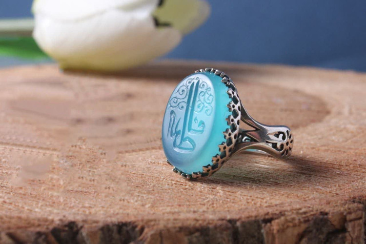 انگشتر عقیق آبی مردانه "ارادت فاطمی" – متبرک به نام "یا فاطمه الزهرا (س)" کد 4243
