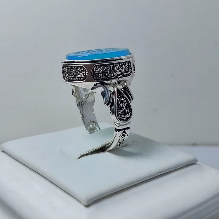 انگشتر نقره باسنگ عقیق ابی با حکاکی یا امام حسین با حکاکی زیبا رکاب چهار سلام کد 1278