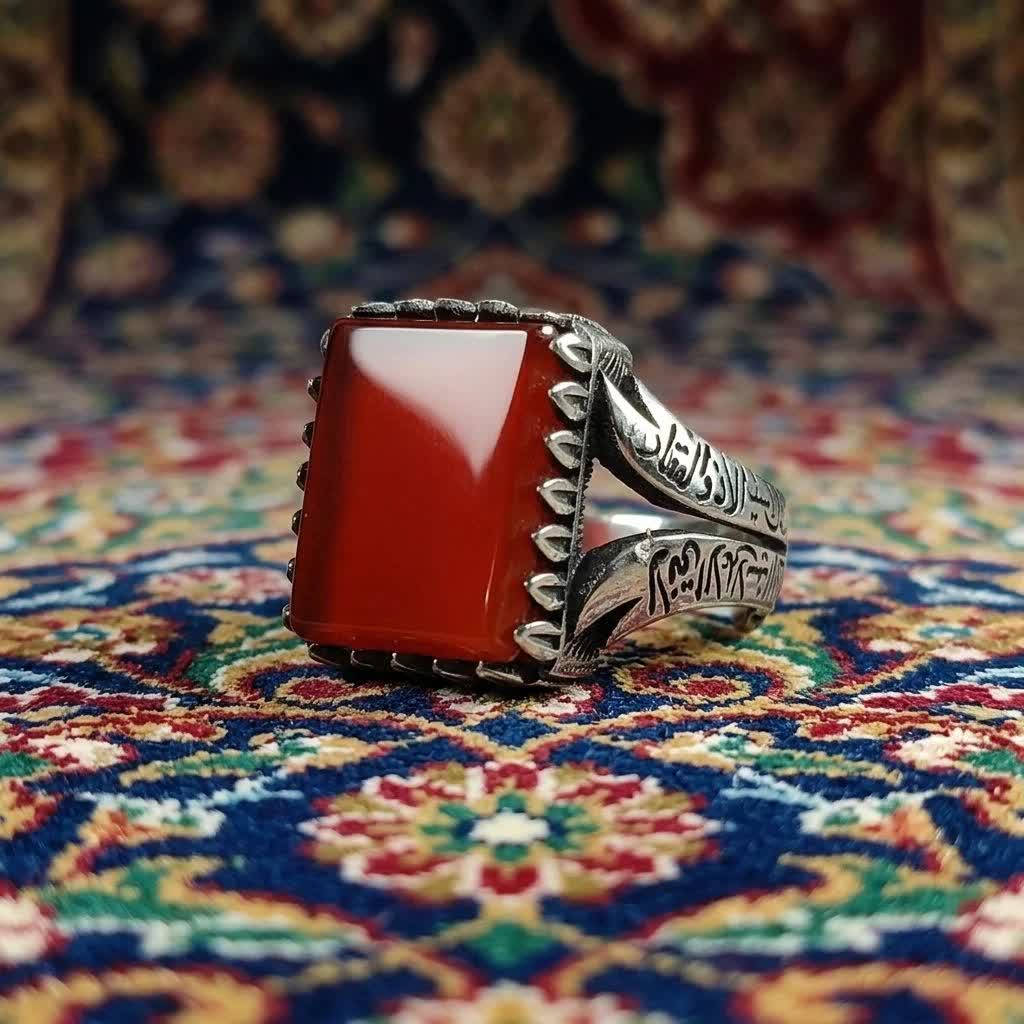 انگشتر عقیق قرمز مردانه با ذکر رکاب لافتی الا علی لا سیف الا ذوالفقار  کد 4185