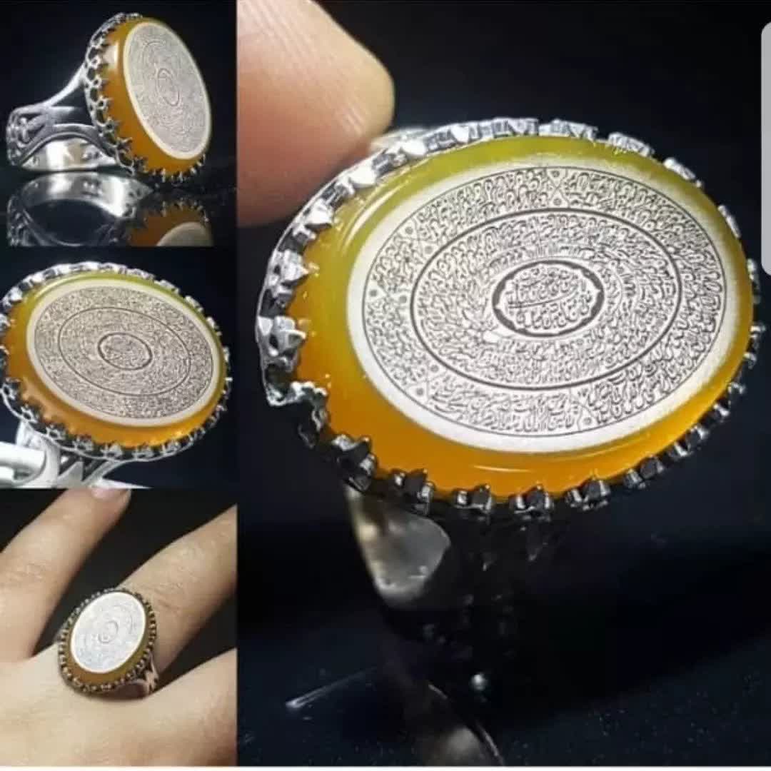 انگشتر نقره باسنگ عقیق زرد حکاکی 18 ذکر رکاب نقره طرح نیزه کد 3534