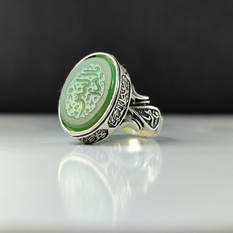 انگشتر نقره باسنگ عقیق سبز حکاکی یا ام البنین رکاب چهار سلام کد 2798