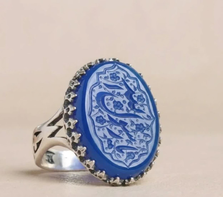 انگشتر آلیاژی عقیق آبی مردانه حکاکی یا رسول الله | رکاب آلیاژی خاص کد 5041