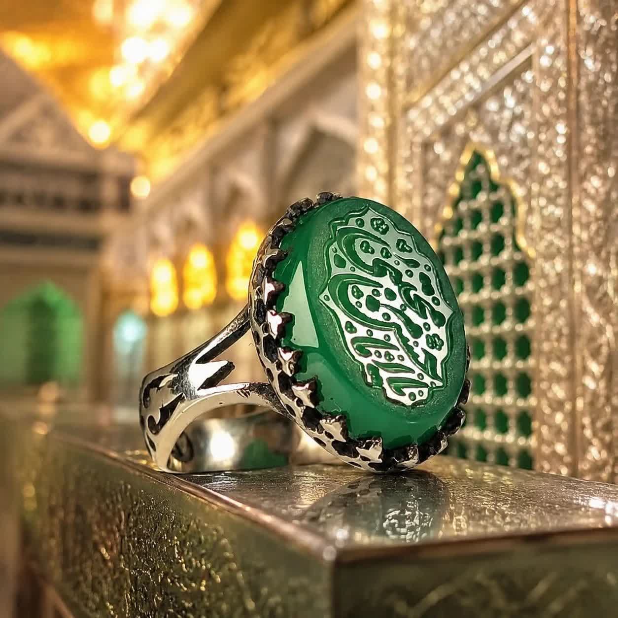 انگشتر آلیاژی عقیق سبز مردانه با حکاکی «یا امام حسن مجتبی» | ترکیب زیبایی اصیل و معنویت  کد 5013