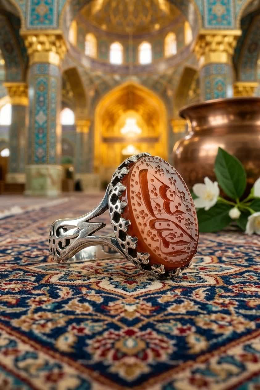 خرید انگشتر نقره عقیق قرمز با حکاکی «الملک لله» و رکاب نیزهای | ترکیبی از شکوه، انرژی، معنویت و جذابیت مردانه کد 4180