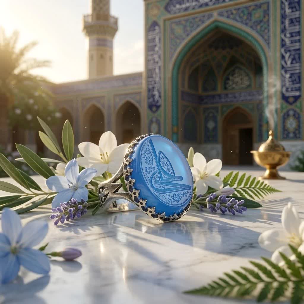 خرید انگشتر نقره عقیق آبی حکاکی علی | رکاب نیزه‌ای خاص و چشم‌نواز  کد 4169