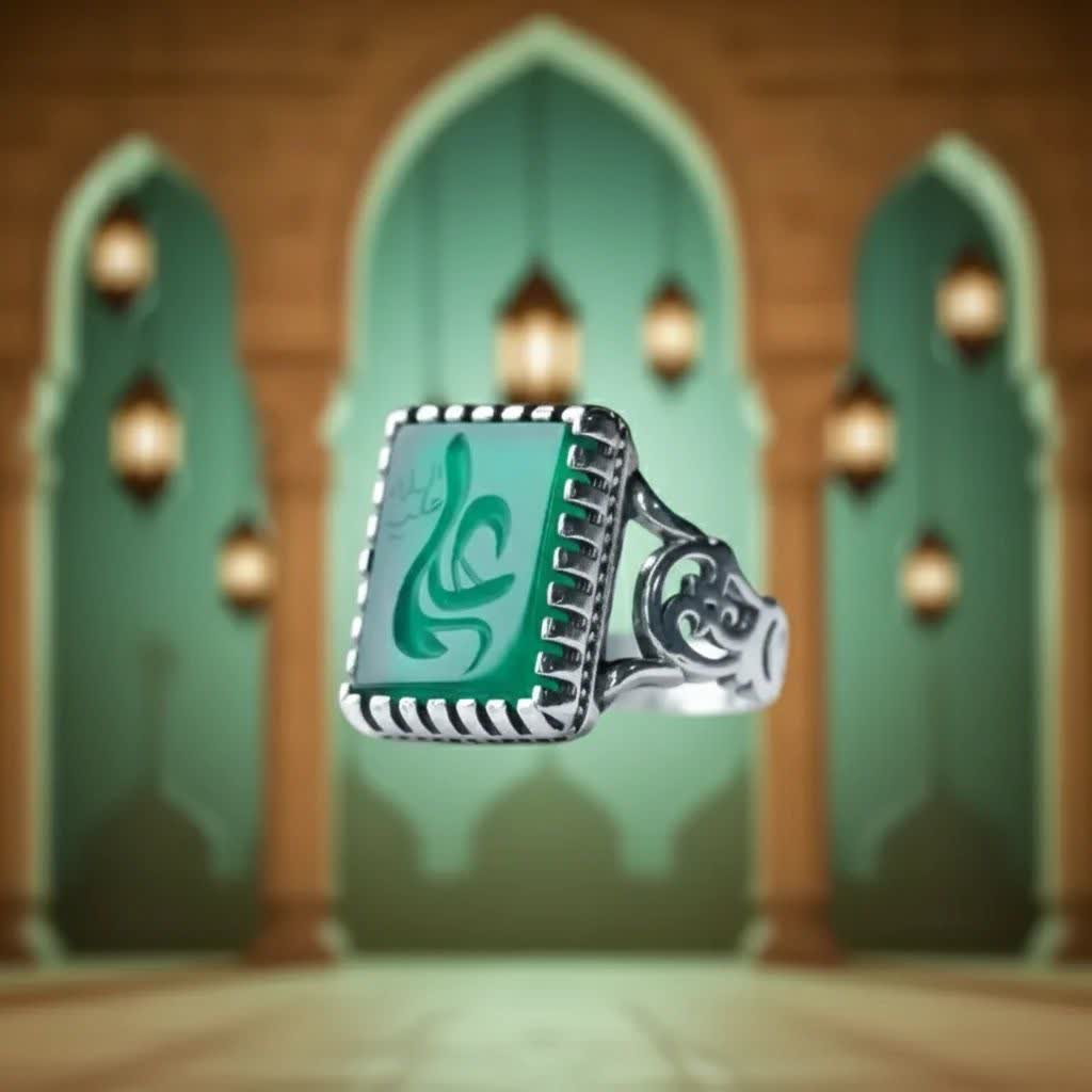 انگشتر نقره عقیق سبز رکاب رهبری (حکاکی ذکر علی (ع) - نماد اقتدار، عدالت و معنویت  کد 3900