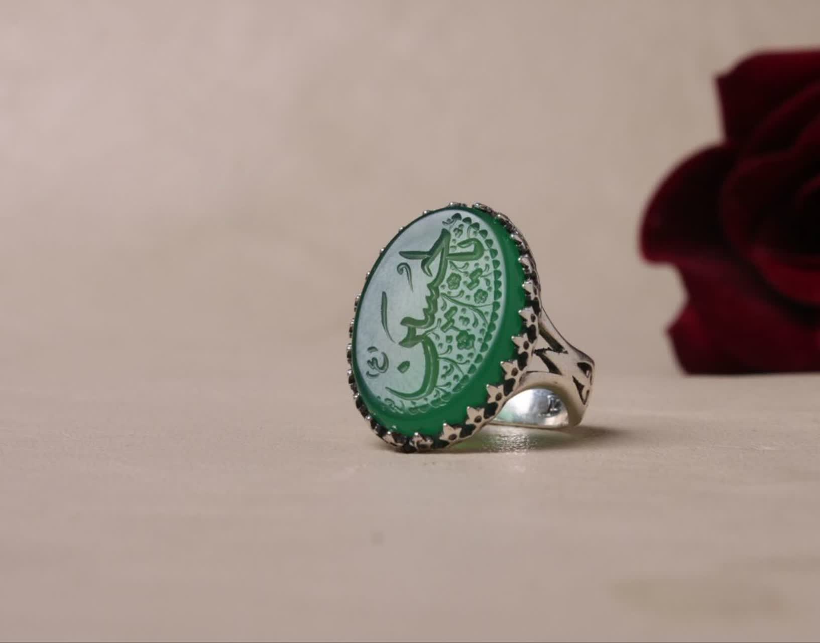 انگشتر نقره باسنگ عقیق سبز رکاب نیزه حکاکی یا حسین(ع) کد 2252