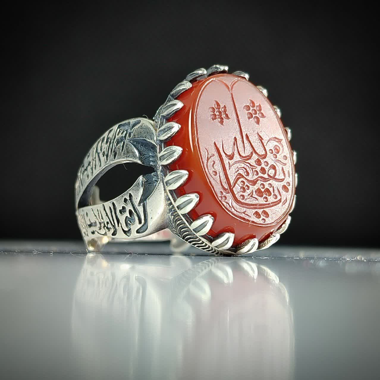 انگشتر عقیق قرمز حکاکی "یا بقیه الله" با رکاب طرح ذوالفقار؛ نماد انتظار و اقتدار  کد 2155