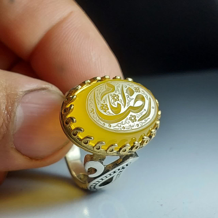 خرید انگشتر عقیق زرد مردانه طرح اشک (متبرک به نام امام رضا ع) کد 1861