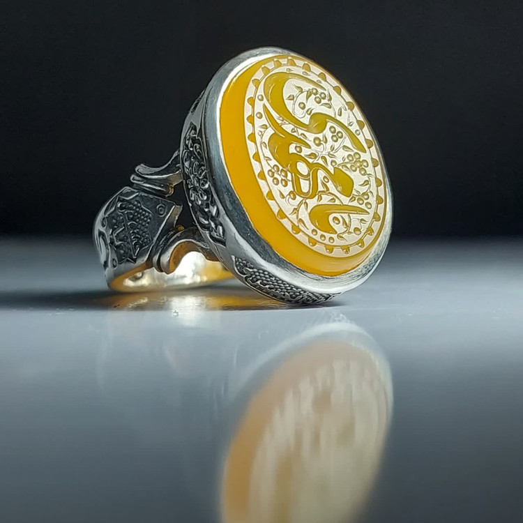 خرید انگشتر عقیق زرد با حکاکی یا مهدی (عج)؛ نشانِ ارادت و انتظار کد 4252