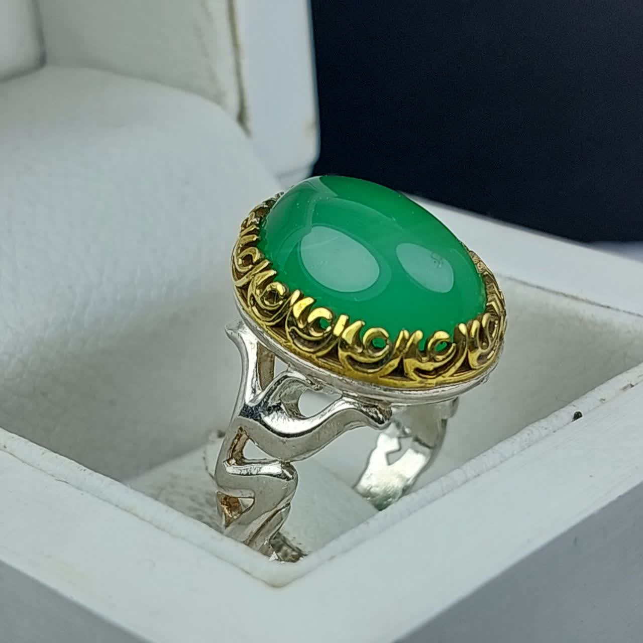 انگشتر عقیق سبز مردانه "ذوالفقار سبز" – با رکاب متبرک به نام "علی (ع)"   کد 1839