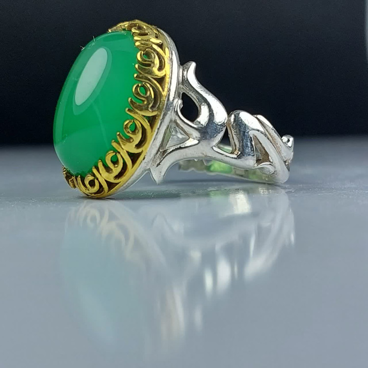انگشتر عقیق سبز مردانه "ذوالفقار سبز" – با رکاب متبرک به نام "علی (ع)" کد 1839
