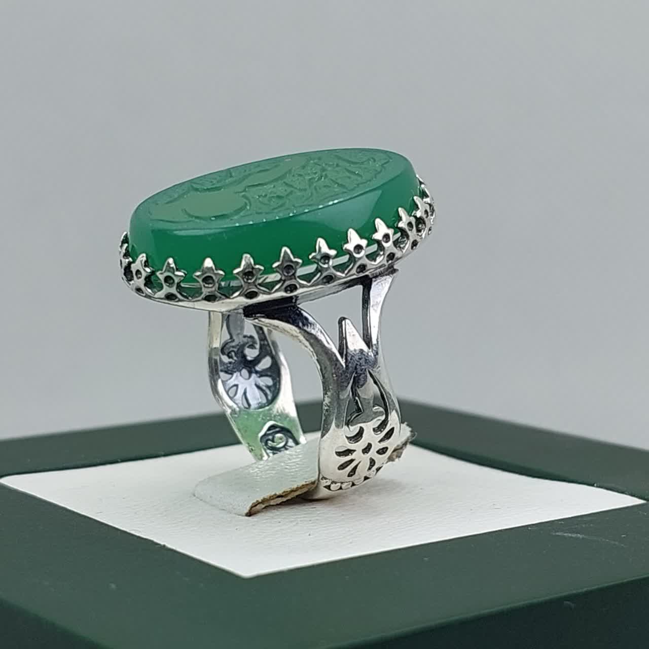 انگشتر عقیق سبز مردانه "ذوالفقار سبز" – متبرک به نام "یا امیرالمومنین حیدر" کد 1812
