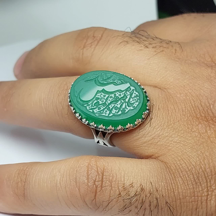 انگشتر عقیق سبز مردانه "ذوالفقار سبز" – متبرک به نام "یا امیرالمومنین حیدر" کد 1812