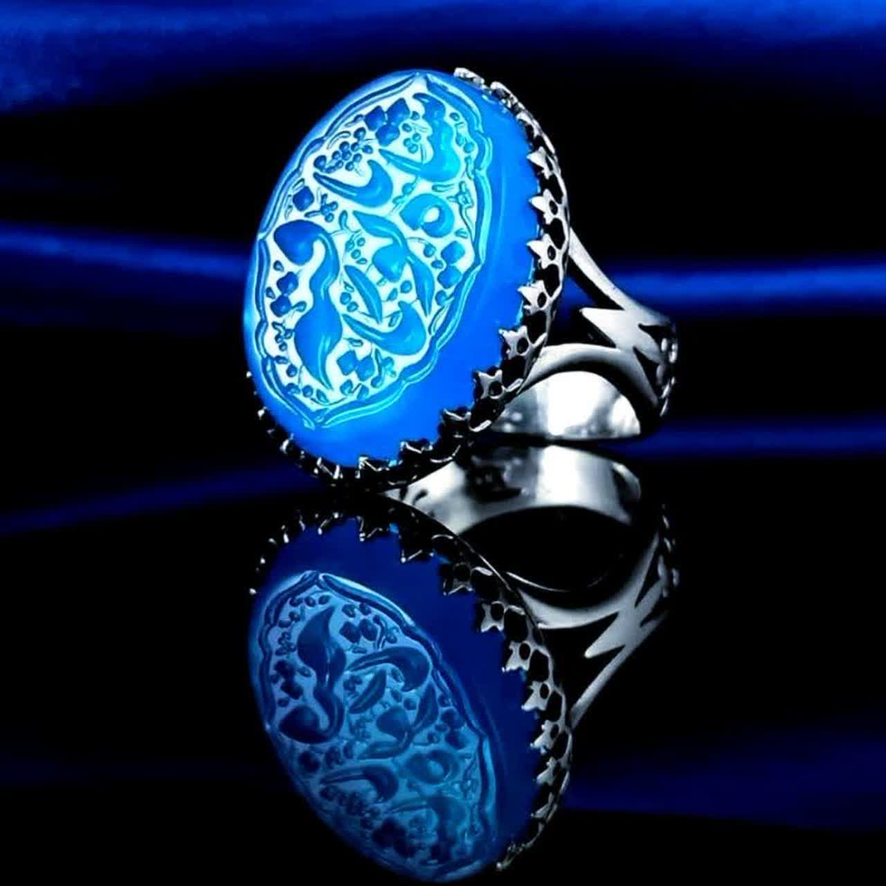 انگشتر عقیق آبی مردانه "اشک فرات" – توسل به شاه بانو "یا رقیه (س)" کد 1808