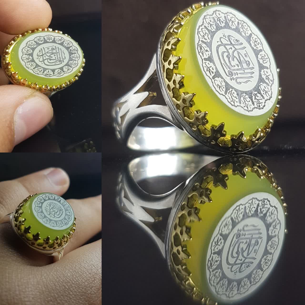 انگشتر نقره باسنگ عقیق سبز باحکاکی چهارده معصوم  کد 1455