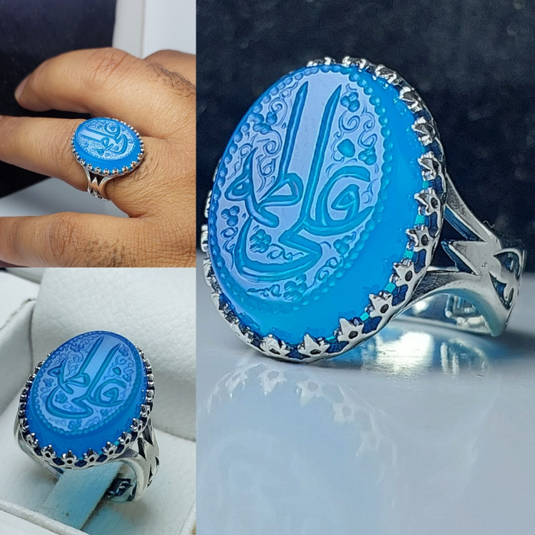 انگشتر عقیق آبی با حکاکی و تذهیب زیبای علی فاطمه حکاکی کار دست