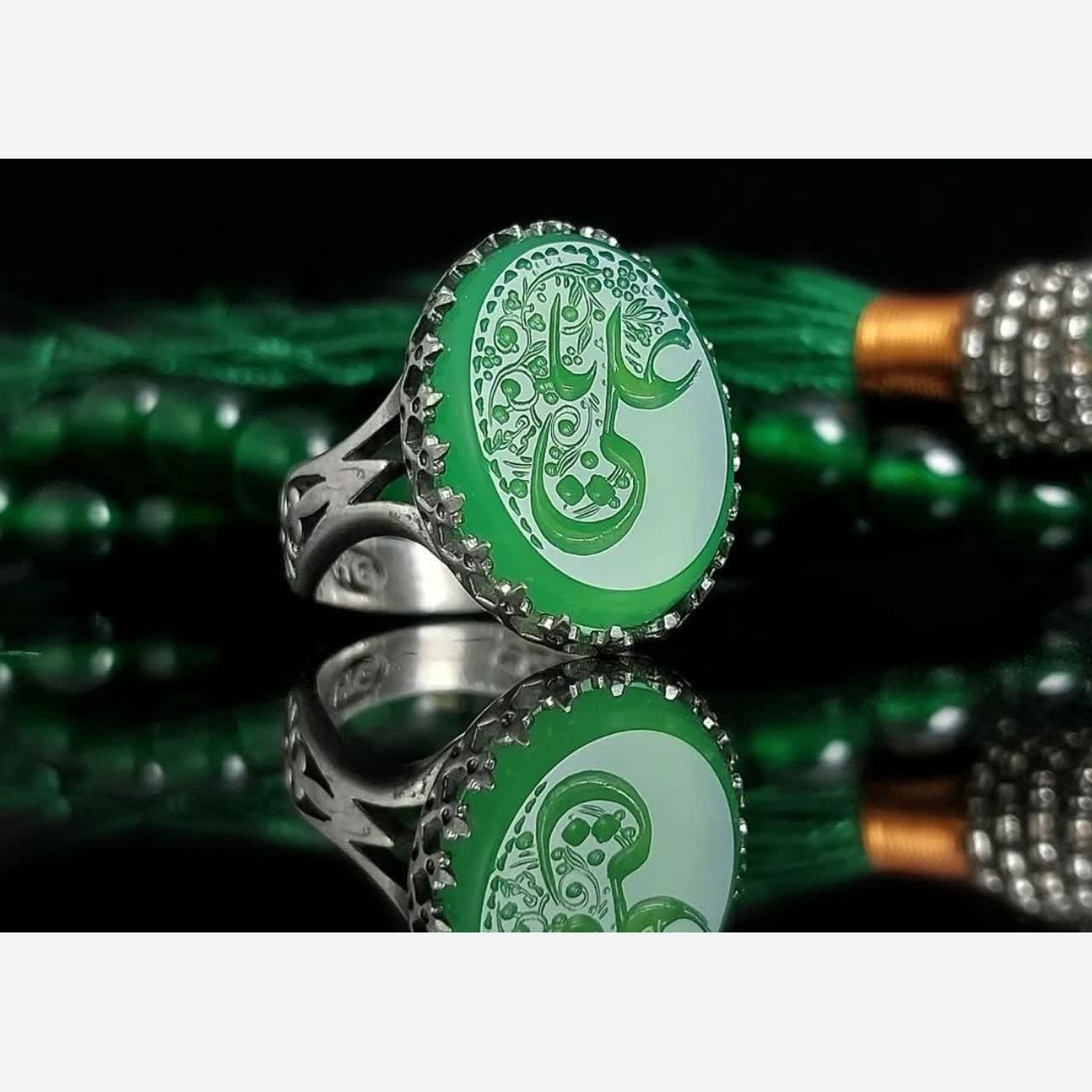 انگشتر نقره. عقیق سبز با عیار 925 بین المللی