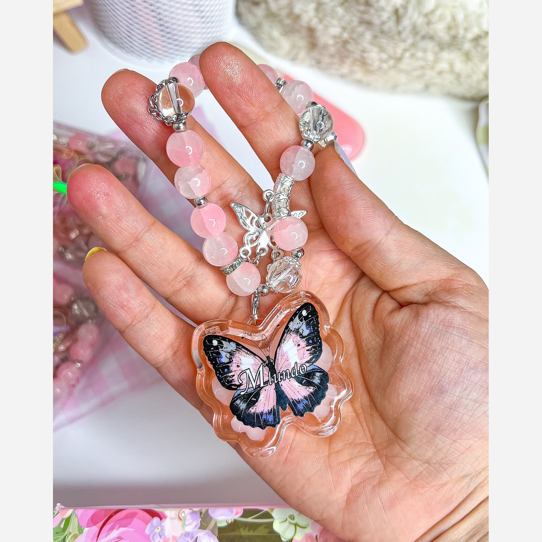 پرایمر عطر جیبی پینترستی پروانه و دستبند سنگ طرح رز کوارتز صورتی کیوت مروارید پرنسسی فانتزی کیوت دخترانه کادوهدیه تولد