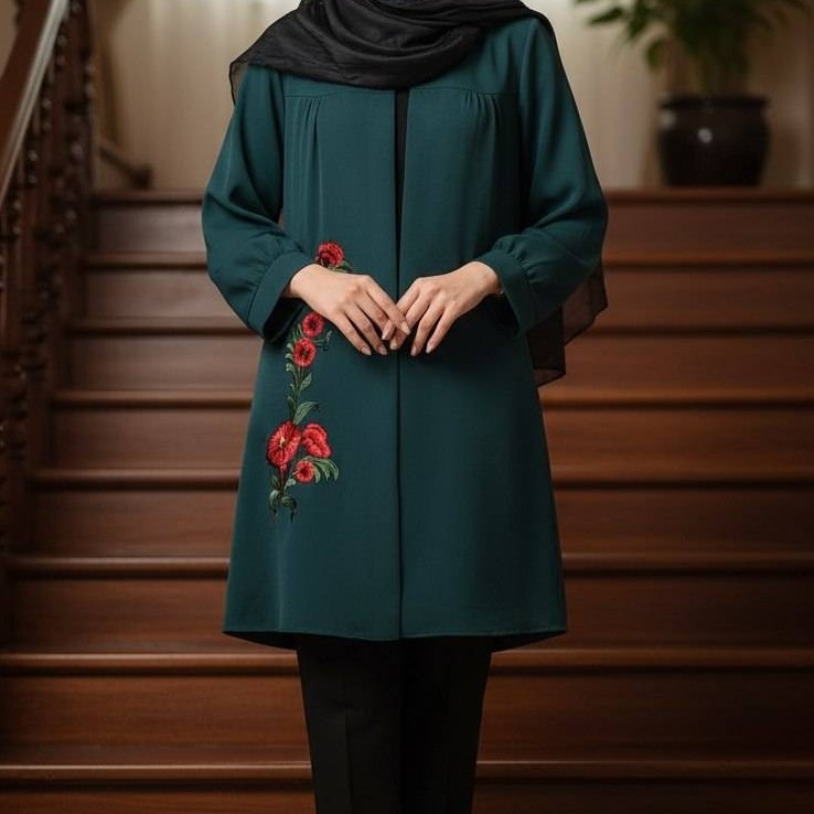 مانتو مازراتی گلدوزی شده مشکی و سبز