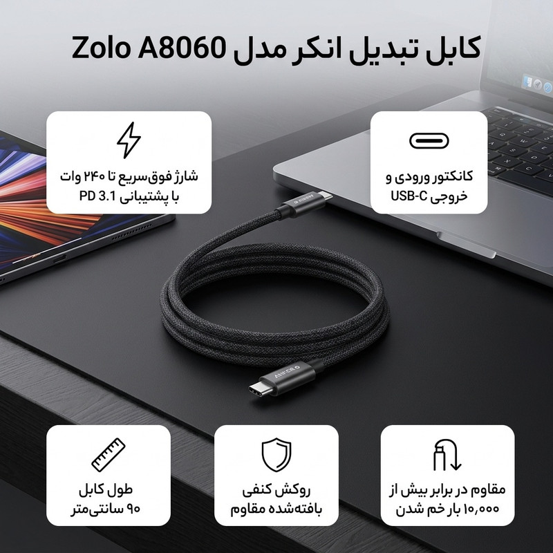 کابل تبدیل USB-C به USB-C انکر مدل Zolo A8060 طول 0.9 متر با توان 240 وات