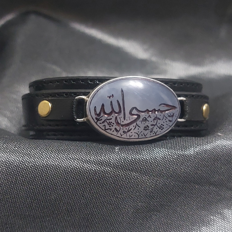 دستبند چرم طبیعی عقیق کبود اصل فریم نقره