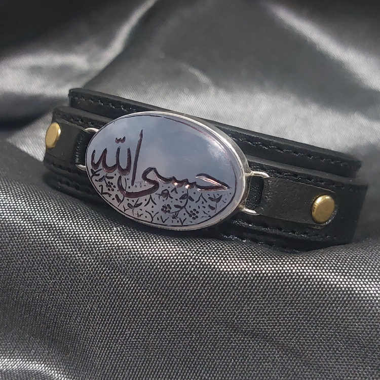دستبند چرم طبیعی عقیق کبود اصل فریم نقره