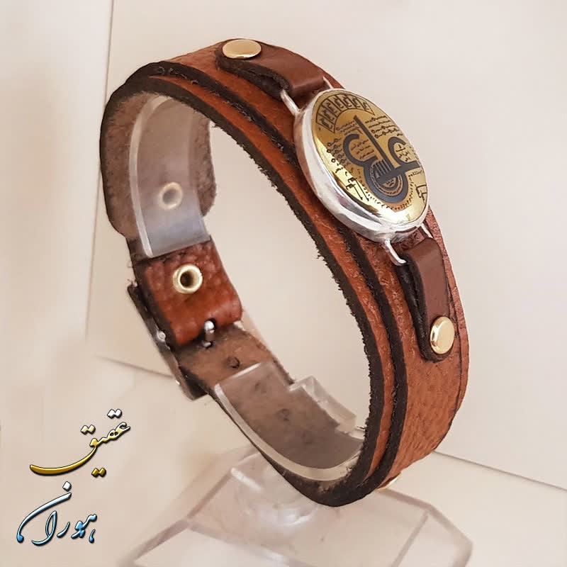 دستبند چرم  با نگین حدید طلایی عین علی