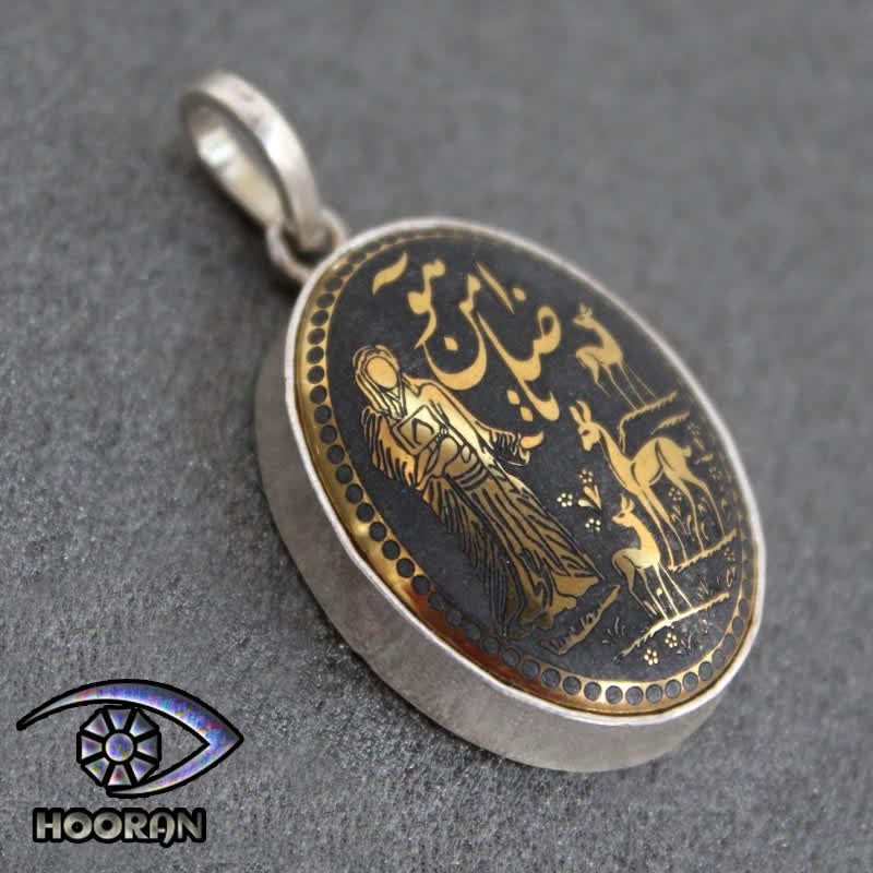 گردنبند نقره حدید طلایی حکاکی ضامن آهو