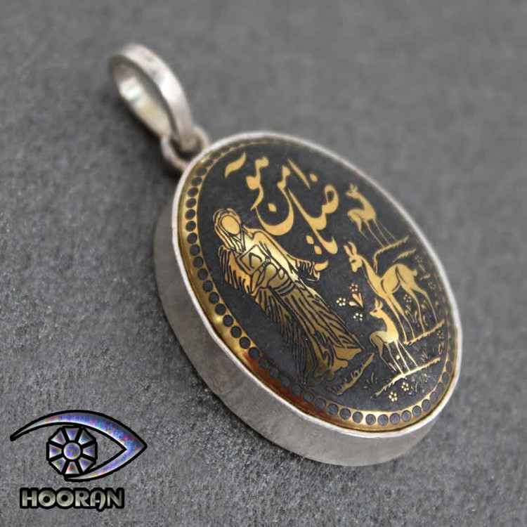 گردنبند نقره حدید طلایی حکاکی ضامن آهو