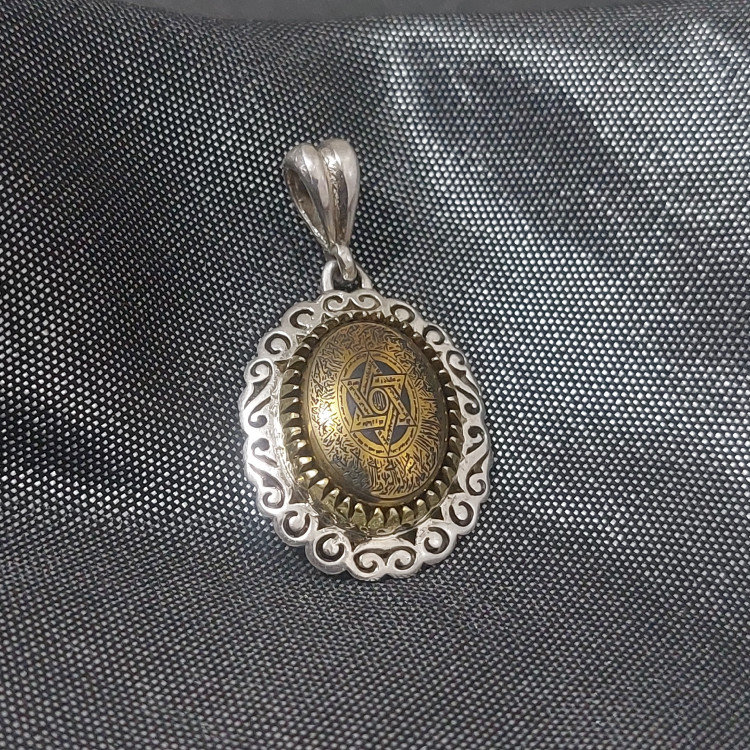 گردنبند نقره 925 عیار حدید طلایی حکاکی ستاره سلیمان و آیت الکرسی و عین علی و هفت جلاله