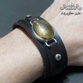 دستبند چرم طبیعی حدید طلایی اصل ستاره سلیمان و وان یکاد و عین علی