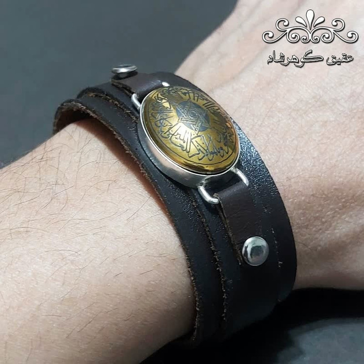 دستبند چرم طبیعی حدید طلایی اصل ستاره سلیمان و وان یکاد و عین علی