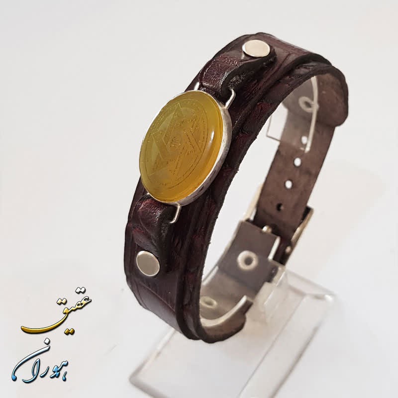 دستبند چرم عقیق زرد با حکاکی ستاره سلیمان