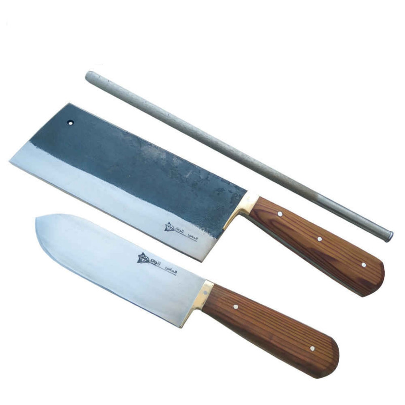 سرویس چاقو آشپزخانه 3 پارچه با تیغه فولادی و دسته چوبی الماس زنجان مدل قصابی کد g-01