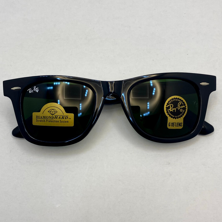 عینک آفتابی ویفرر ریبن rayban WAYFARER شیشه سنگ سبز فریم براق سایز 50 به همراه پک کامل اورجینال rb2140