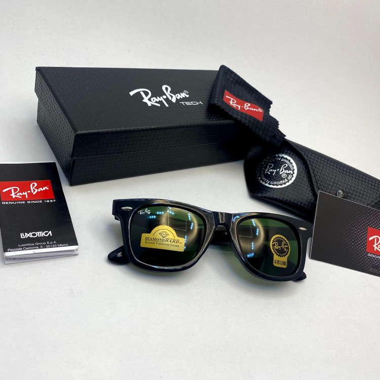 عینک آفتابی ویفرر ریبن rayban WAYFARER شیشه سنگ سبز فریم براق سایز 50 به همراه پک کامل اورجینال rb2140
