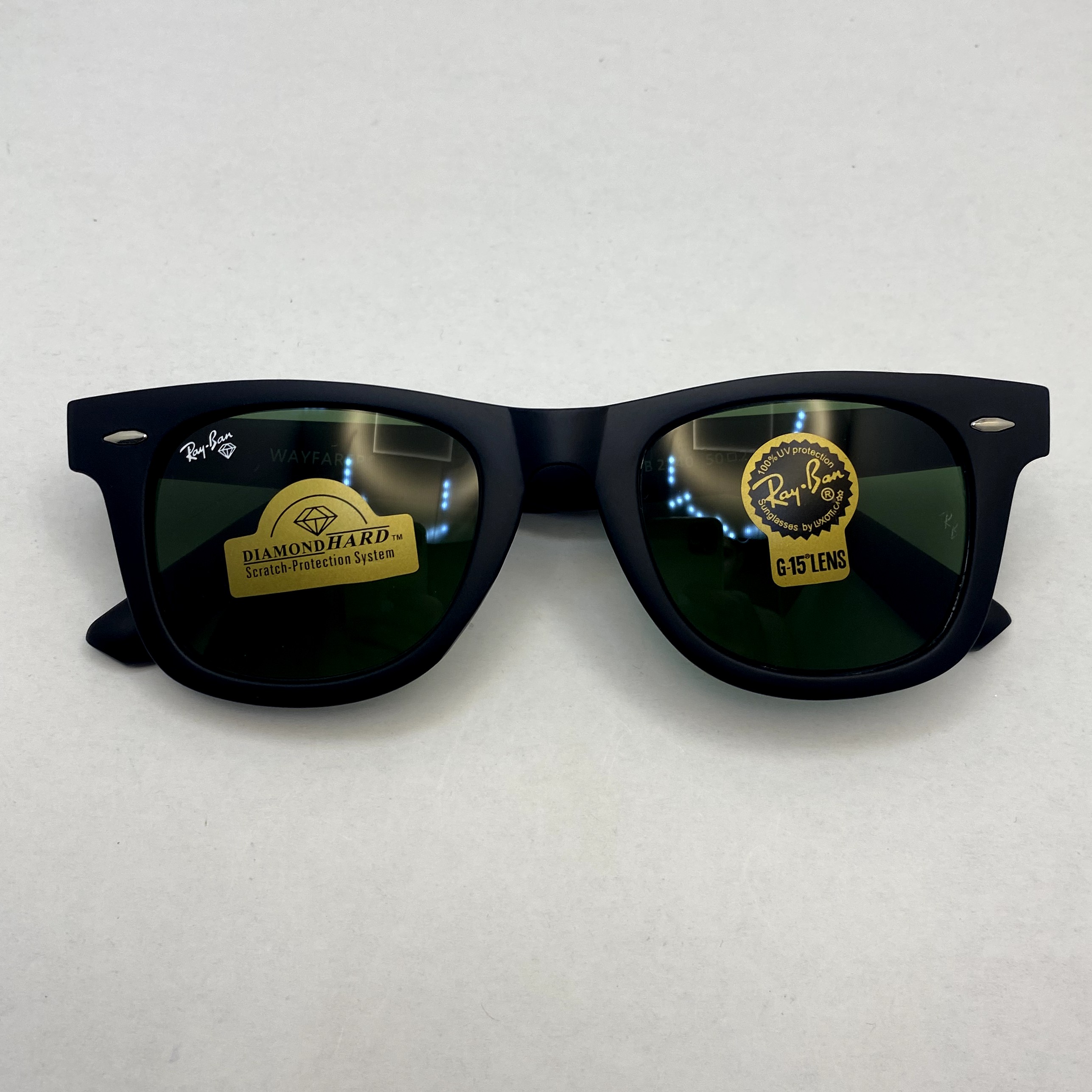 عینک آفتابی ویفرر ریبن rayban WAYFARER شیشه سنگ سبز فریم مات سایز 50 به همراه پک کامل اورجینال RB 2140