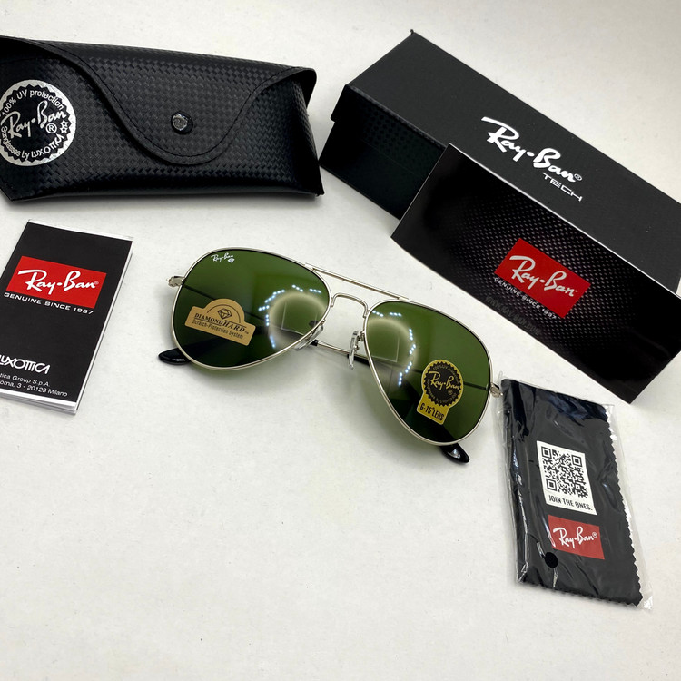 عینک آفتابی خلبانی AVIATOR ریبن rayban شیشه سنگ نقره ای سبز سایز 3026 فول پک