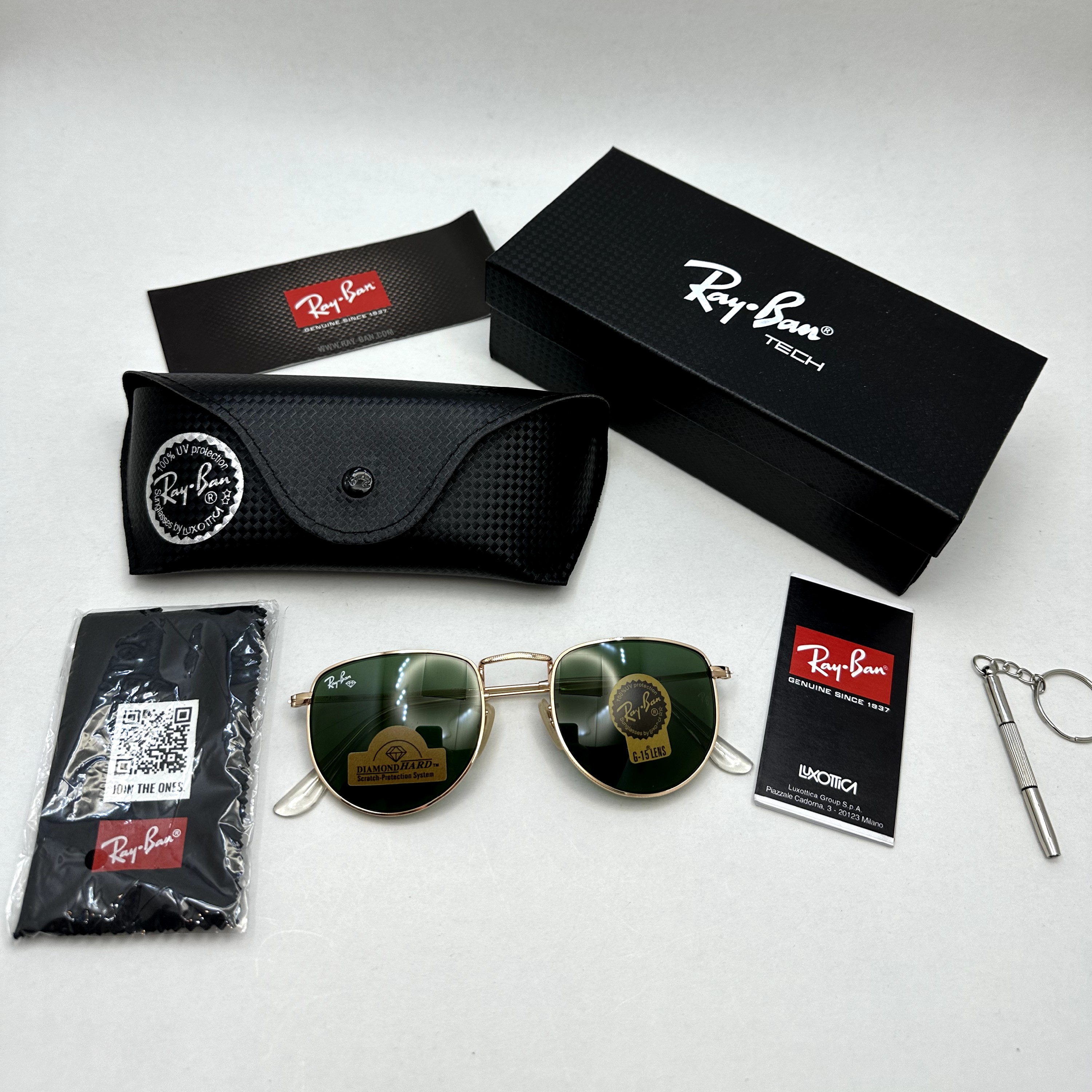 عینک آفتابی ریبن rayban شیشه سنگ سبز طلایی کد rb 3958 - فول پک (ارسال رایگان)